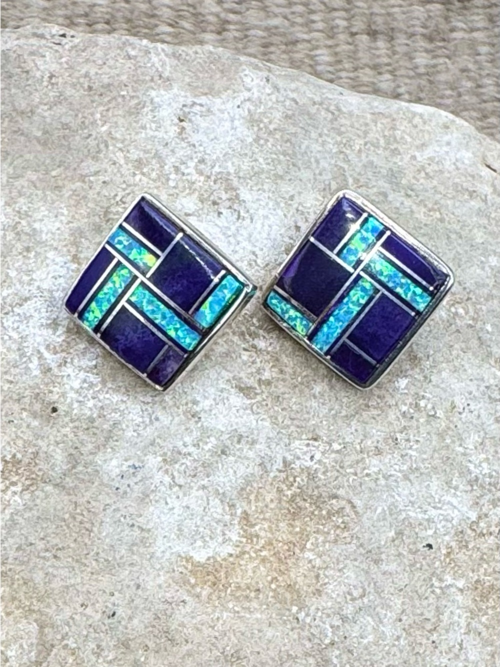 Navajo Native American Sterling Sugilite Lab Opal Mosaic Inlay Stud Earrings